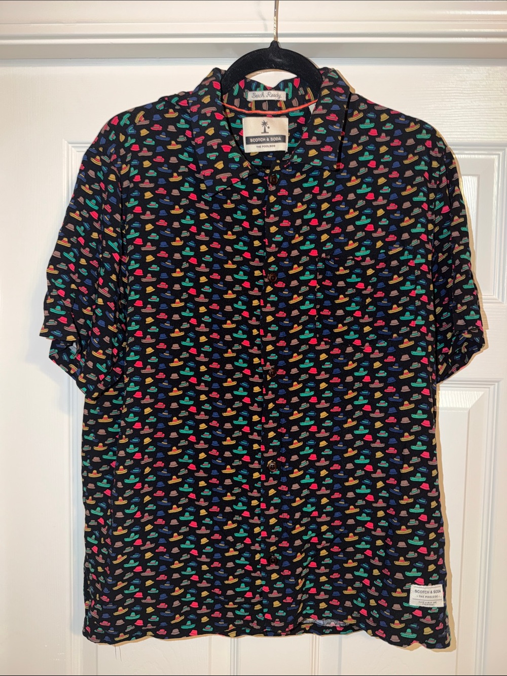 Scotch & Soda Black Short Sleeve Polo with Multicolor Hat Motif Size L